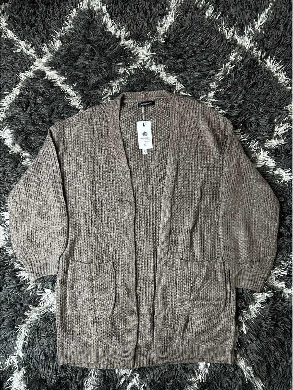 NWT Merokeety Open Front Knit Pocket Cardigan Sweater Brown Mocha XL